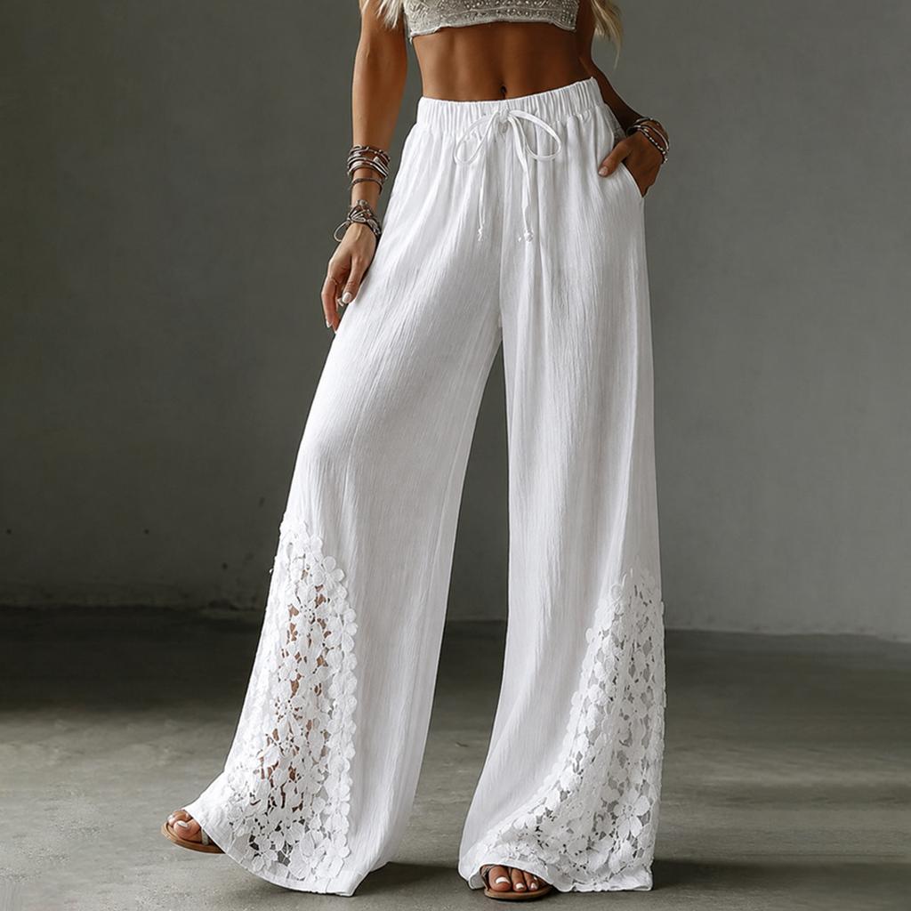 Women's Color Wide Leg Pants with Lace Pockets - Casual Loose Fit Drawstring Elastic Waist Trousers