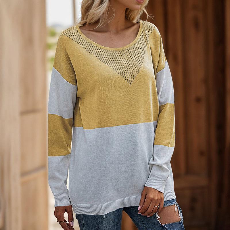 

YYFS Женская мода Повседневные Осенне-зимние Топы с длинным рукавом и принтом колор-блок с круглым вырезом Женская одежда Шерстяной трикотаж Свитеры L жёлтый