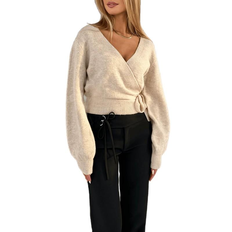 Womens V-Neck Knit Cardigan Slim Fit Long Sleeve Solid Color Fashion Casual Top