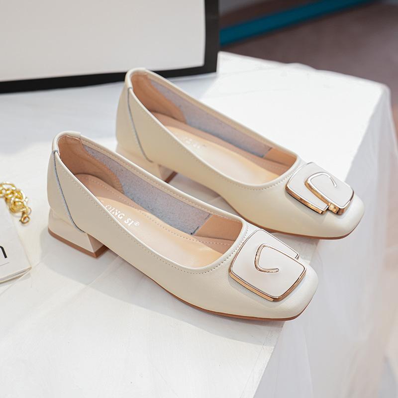 

Fashion Elegant Ladies Office Dress Shoes Cow Leather Pumps Woman Medium High Heel Mary Janes Metal Button Loafers Femme Square Toe Shoe 4.5 абрикосовый