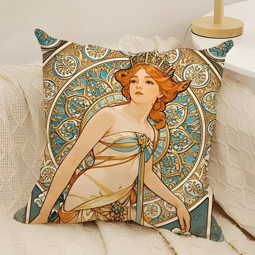 Art AAlphonse MMucha Master Pillow Case Natural Linen DoubleSided Printing Sofa Home Decor Cushion Cover