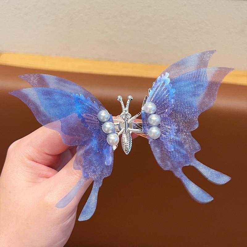 Agrafe de păr cu fluture în mișcare coreeană pentru fete Aripi dublu stratificate Agrafe de păr cu perle Accesorii de păr pentru fete și copii