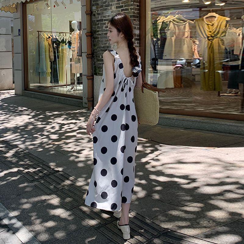 French round neck loose and thin design polka dot dress women's summer new simple sleeveless A-shaped skirt