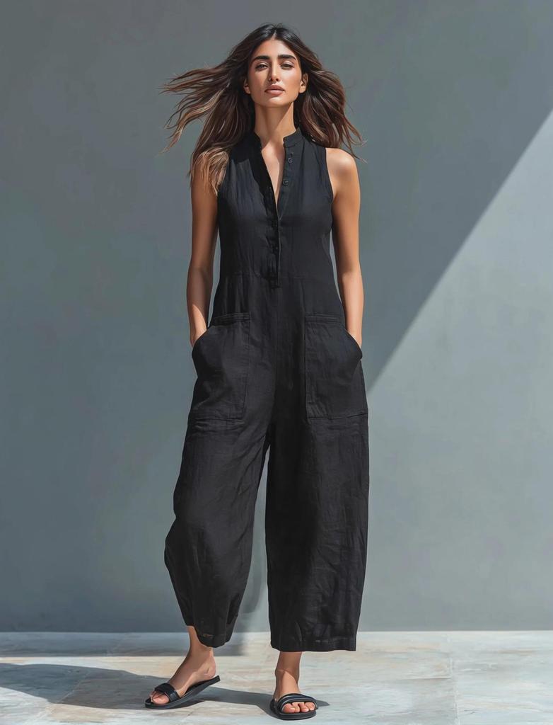 Europäischer und Amerikanischer Damen Ärmelloser Hemdblusen-Jumpsuit aus Leinenmischung mit Weitem Bein