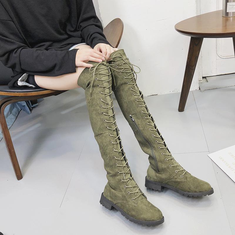 Stiefel Herbst und Winter Neu Runde Spitze Über das Knie Riemen Seitenreißverschluss Große Größen Stiefel Damen