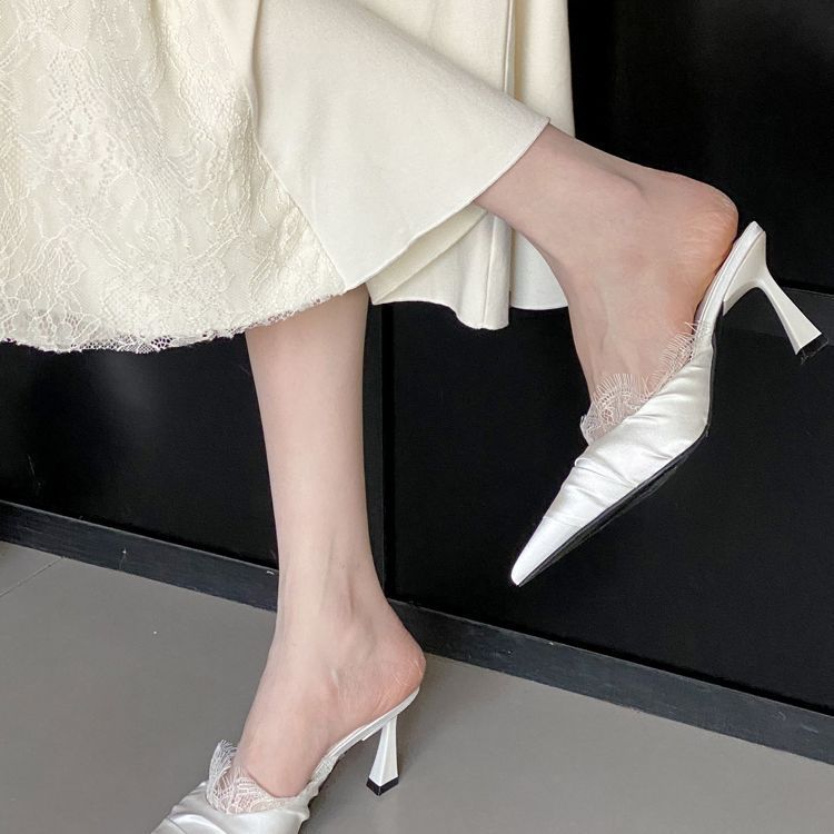 2025 New Sweet Lace Shoe Mouth Fashion Pointed Head Bag Head Half Slippers Thin Heel Sexy Super High and Elegant Fold