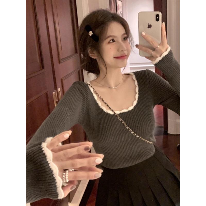 Contrast Collar Lace Bottom Shirt Autumn and Winter Premium Sense Slim Spice Girl Top Trendy Long Sleeve Knitted Sweater Women