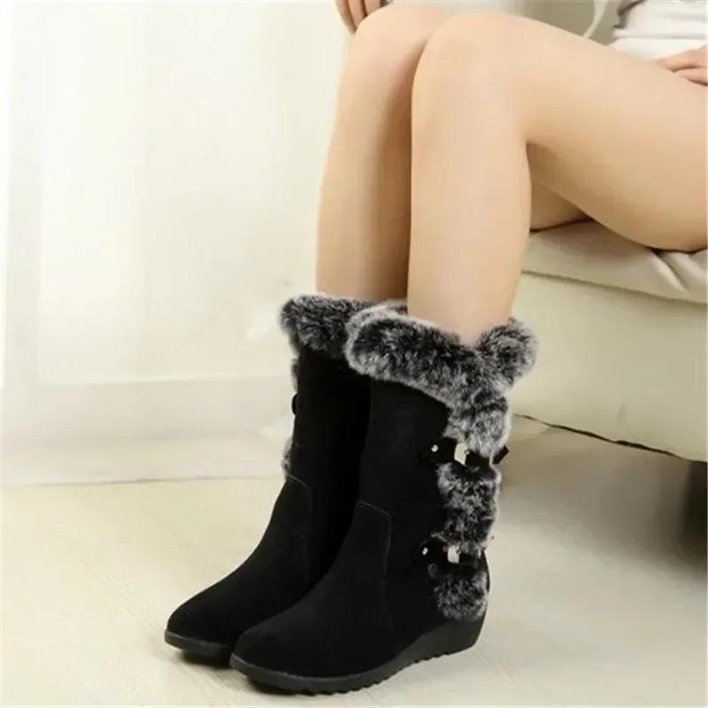 New Winter Women's Mid-calf Boots Fur Slip-On Round Toe Wedge Women's Shoes Casual Warm Snow Boots XL 42 Outdoor Zapatos Mujer