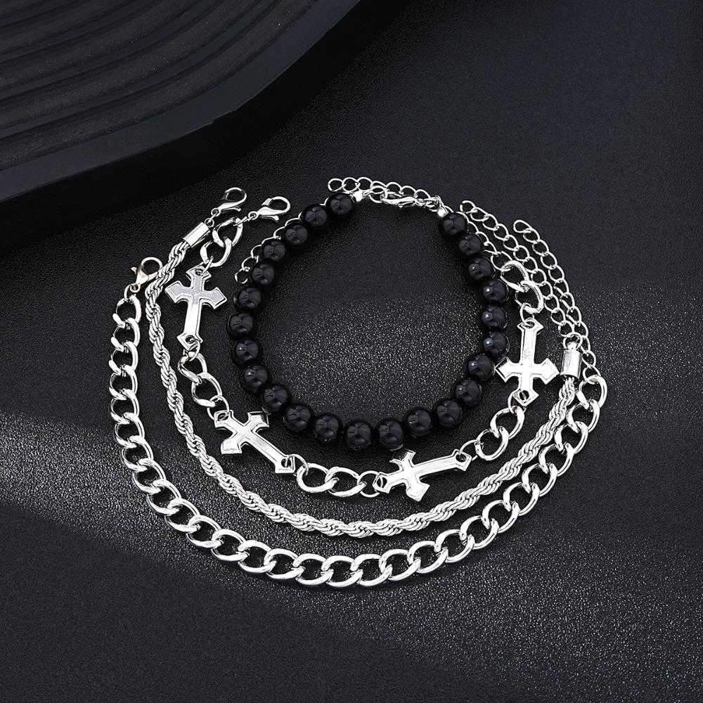 Men Double Layer Silvery Bracelet Cross Zircon Charm Punk Style Adjustable Fashion Jewelry