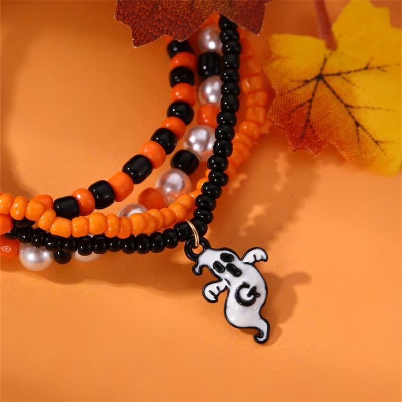 Halloween Beaded Bracelets Set Pumpkin Skull Bracelets for Women Jewelry Gift