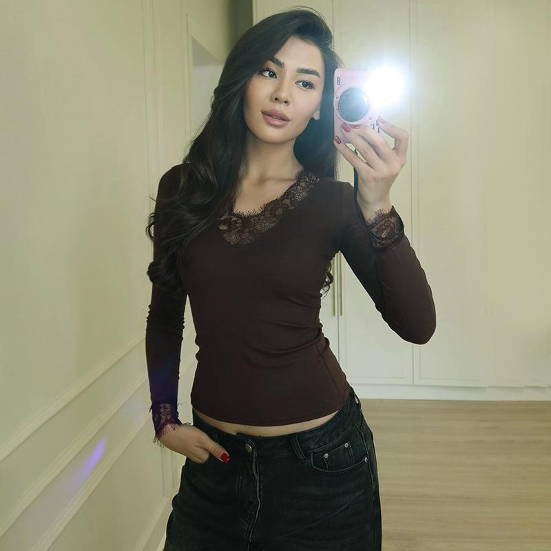 2026 Spring V-neck Lace Trim Patchwork Cropped T-shirt Medium коричневый