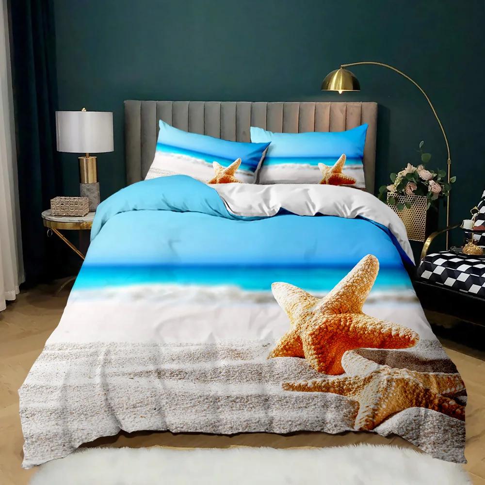 Starfish Duvet Cover Set Ocean Bedding Set Hawaiian Marine Sea Waves 3D Starfish Comforter Cover King Size Polyester Qulit Cover
