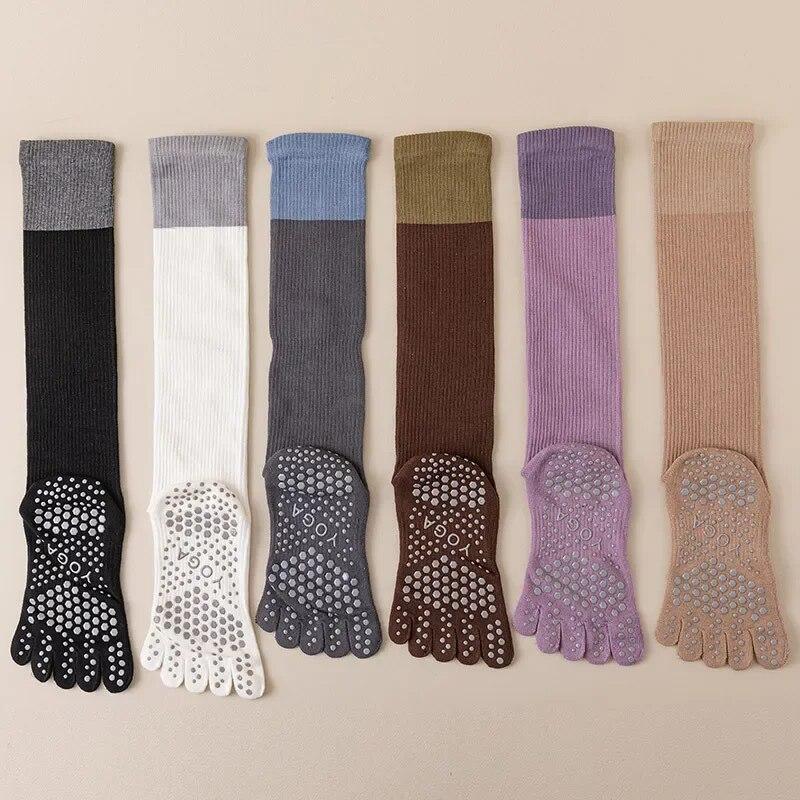 Women Five Toes Pilates Yoga Socks Professional Silicone Anti-slip Fitness Sports Socks Solid Color Cotton Knee Socks Stockings