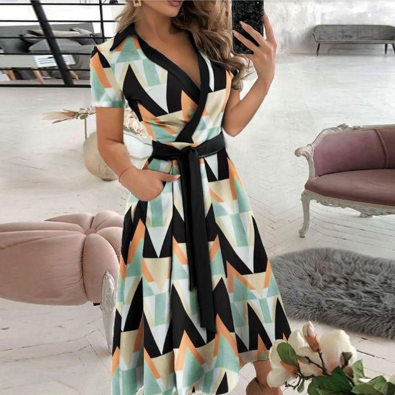 V-neck Printed Buttock Wrap Dress for Womenv Collar Print Sheath Dress
