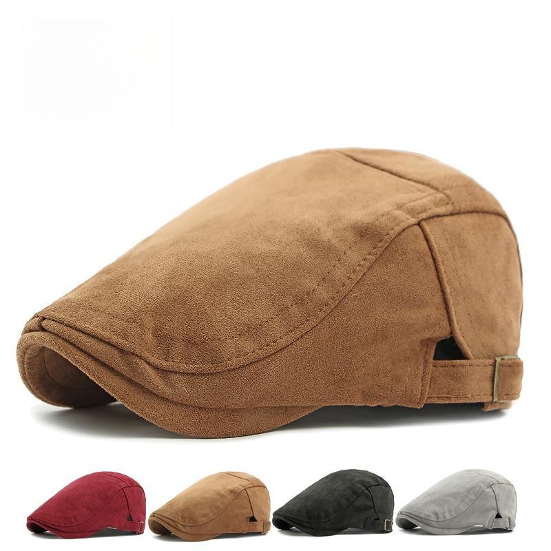 Unisex Retro Faux Suede Flat Cap British Style Solid Color Ivy Hat Adjustable Cabbie Driving Cap