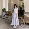 Blue Polo Collar Short-sleeve Dress for Women, New Summer Sweet, Super Pretty, Preppy Style, Waist-cinching Long Dress