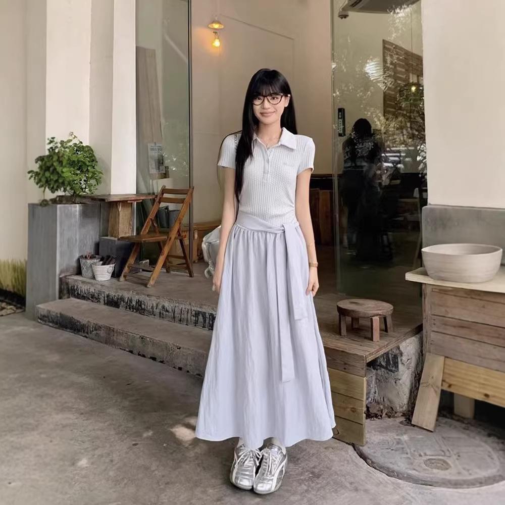 Blue Polo Collar Short-sleeve Dress for Women, New Summer Sweet, Super Pretty, Preppy Style, Waist-cinching Long Dress