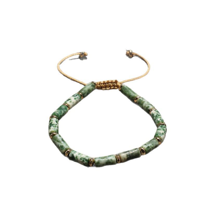 Bohemian Retro Green Agate Bamboo Bracelet - Adjustable and Woven Design