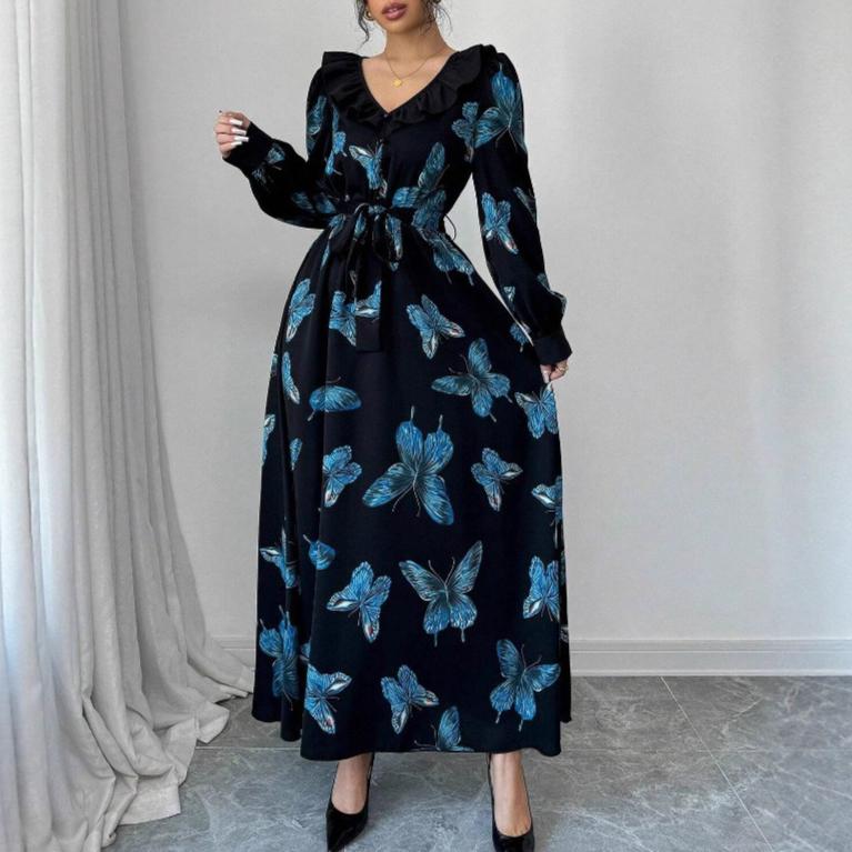 

весна осень женщины Вечеринка Вечернее платье Мода А-силуэт Повседневное свободное Принт бабочки элегантные Платья пояс Макси облегающее платье леди XL