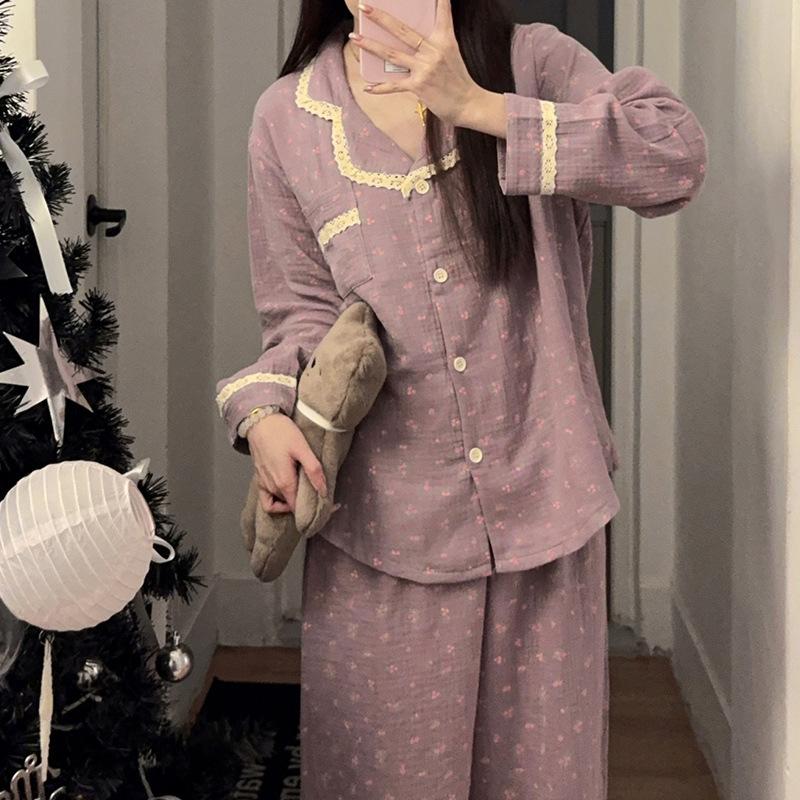 Spring and autumn baby cotton gauze pajamas women s sweet long-sleeved lace girl floral loungewear two-piece set in stock M
