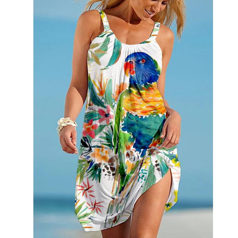 Sunflower Parrot Print Strap Mini Beach Dress Women Boho Summer Sexy Floral Dress Sleeveless Party Evening Dresses