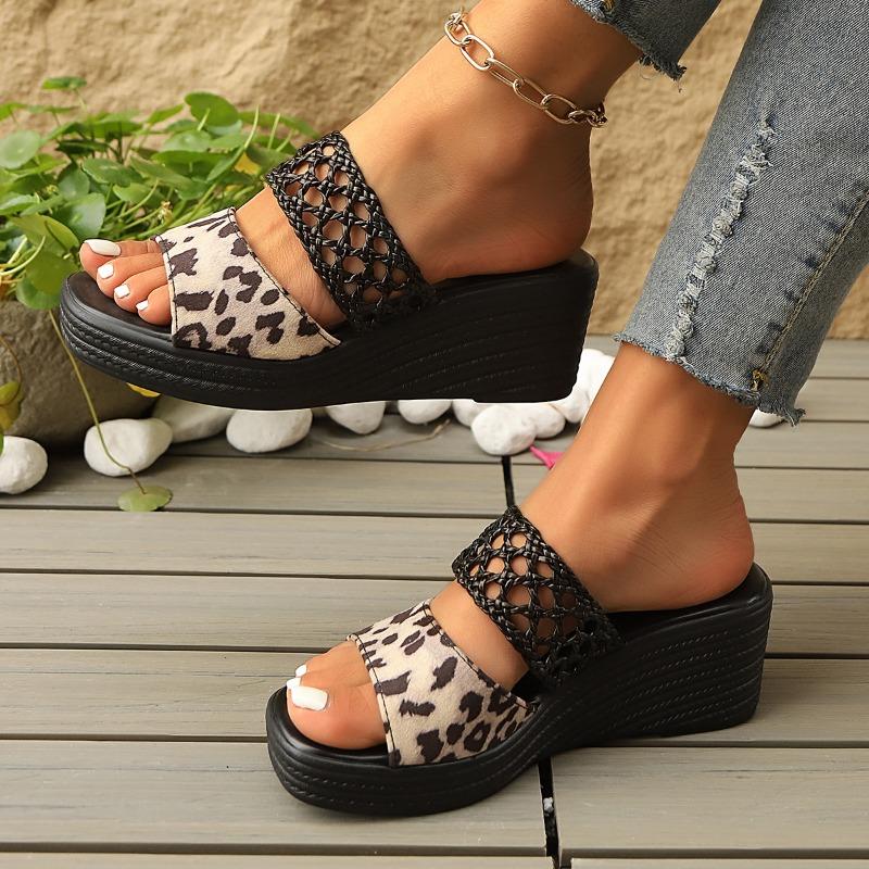 Mode Neue Damen Sandalen High Heel Schuhe für Modische Peep Toe SlipOn Leopardenmuster Fischernetz Stil Schuhe Bequem