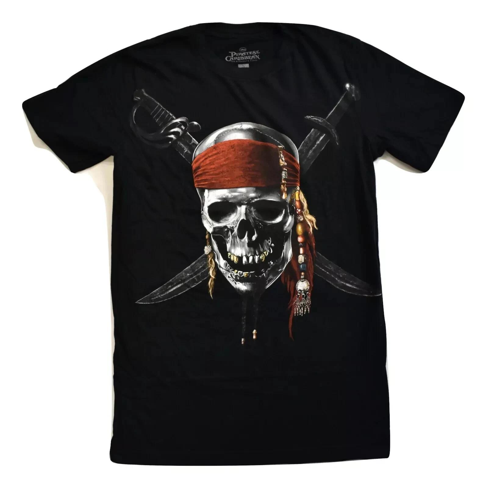 Disney Mens Pirates of the Caribbean Chrome Skully Black Shirt New Small 4XL