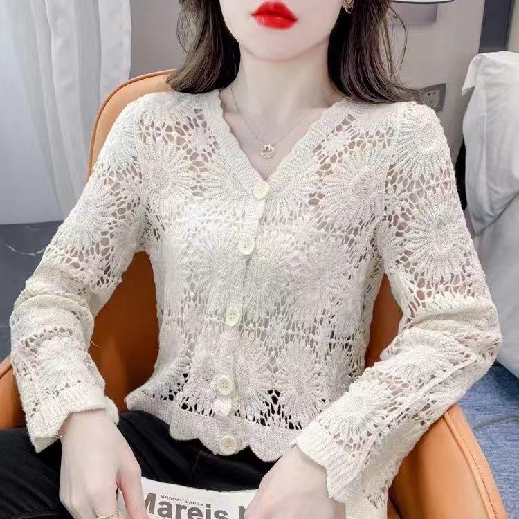 Summer Women's Thin Knit Sweater Long Sleeve Short Sun Protection Jacket Lace Cut-out Knitted Cardigan Coat