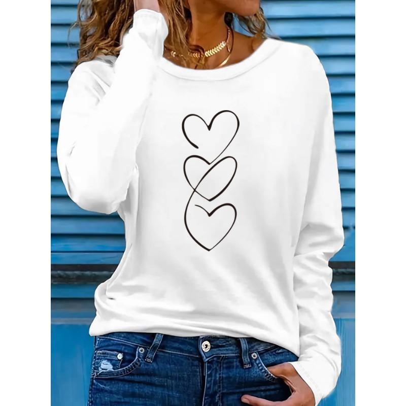 Heart Pattern Print Long Sleeve T-shirt, Women's Casual Crew Neck Top
