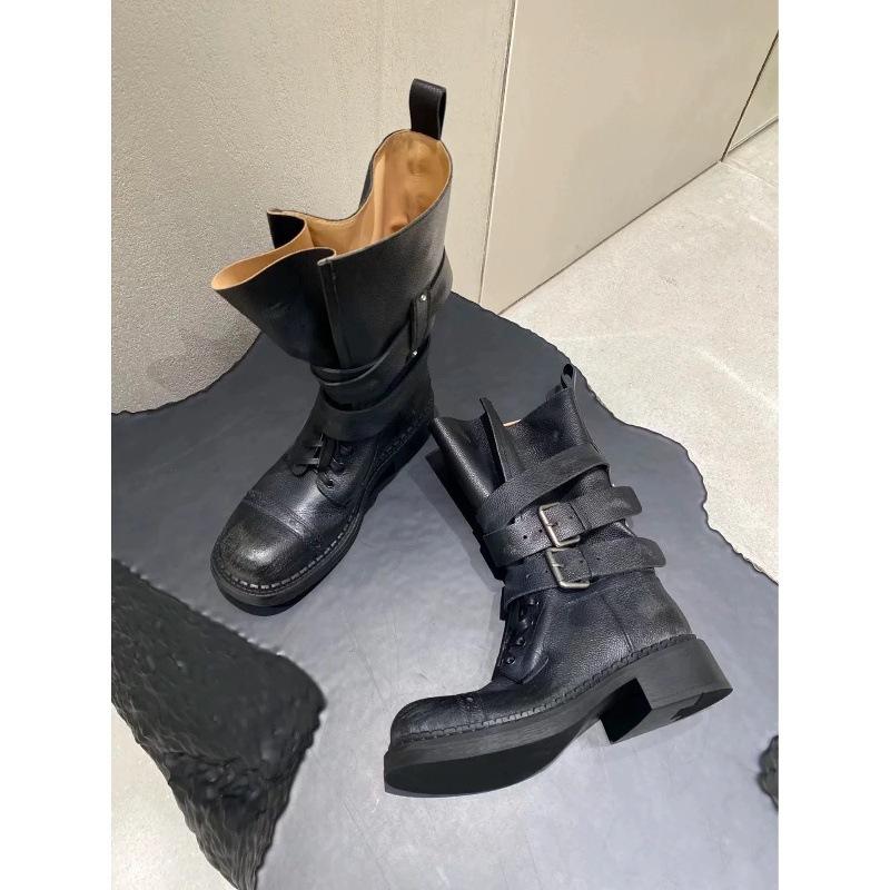 Cowhide Thick-soled Thick-heeled Retro Leather Martin Boots Women's 2025 New Medium Tube Thin Boots Belt Buckle Locomotive Boots