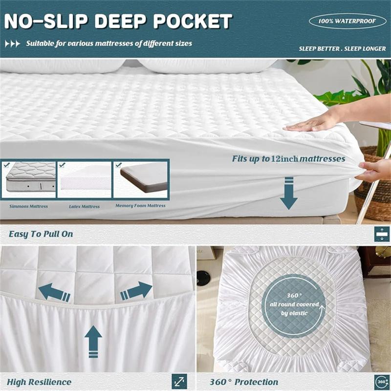 Waterproof Quilted Fitted Sheet Soft Solid Color Mattress Cover for All Seasons Non Slip Mat with Elastic Band