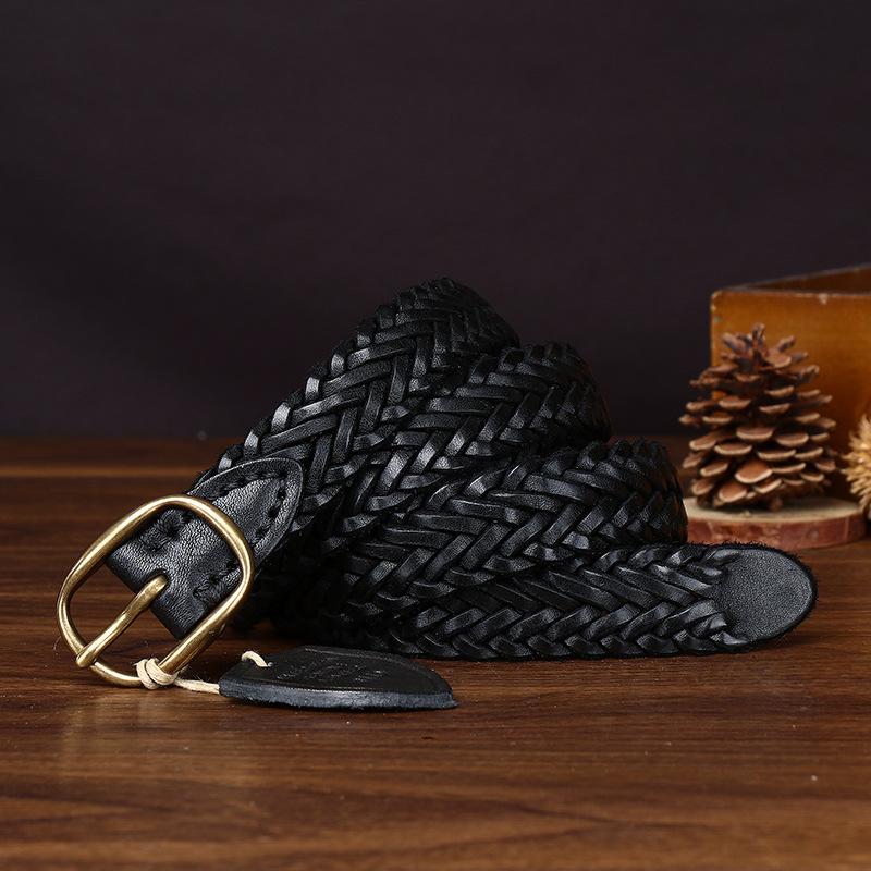 New Leather Copper Buckle Handwoven Belt Women'S Leather First Layer Cowhide Versatile Retro Woven Jeans Belt