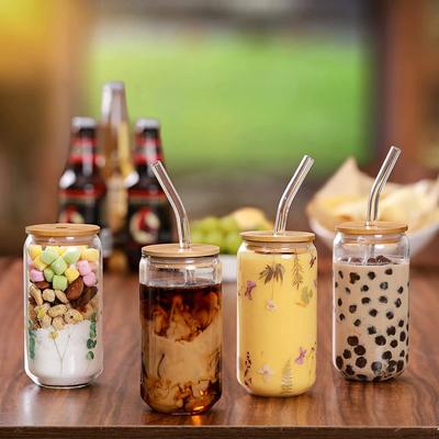550ml/400ml Glasbecher mit Deckel und Strohhalm Transparent Wiederverwendbar Cola-Becher Saftglas Bierdose Milch Mocha Tassen Becher Trinkgeschirr