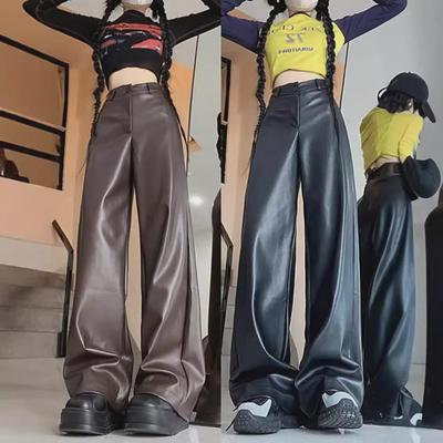 Plus Size High Waist Black PU Leather Wide-Leg Pants for Women - Autumn Casual