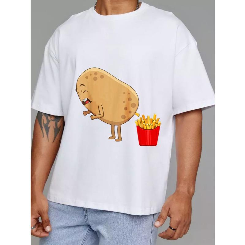 Rundhals T-Shirt Weiß Kartoffel mit Pommes-Frites-Aufdruck Freizeitkleidung für Männer und Frauen Alltagsoutfits Streetwear-Mode Sommerkleidung