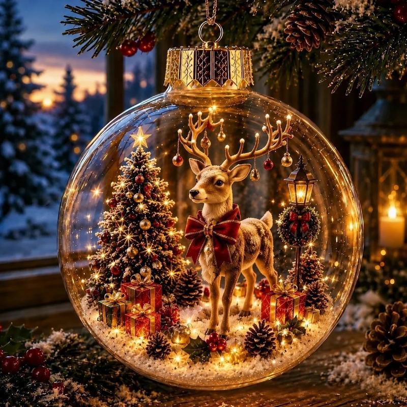 Svítící vánoční dekorace 2026 DIY Nový Santa Claus Sněhulák Los Křišťálová koule se zlatým práškem Dekorace 1 ks