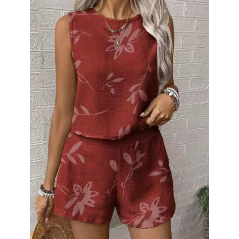 2026 European and American Cross-border Foreign Trade Summer Casual Sleeveless Vest Women's Clothing Comfortable Crew Neck Shorts Set Advanced Texture