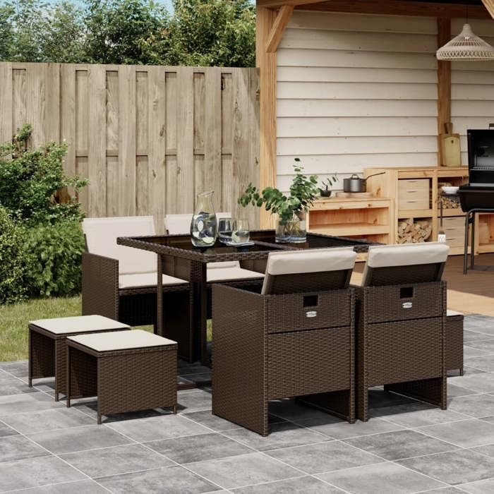 VidaXL Garden Dining Set and Cushions 9 Pcs Brown Poly Rattan 3277724