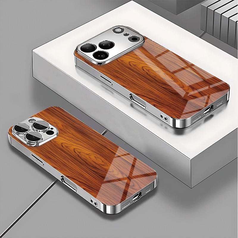 Massivholz-Texturmuster Gehärtetes Glas Handyhülle Für iPhone 17 16 15 14 13 12 11 Pro Max 16 Plus 17 Air Galvanisierte Abdeckung