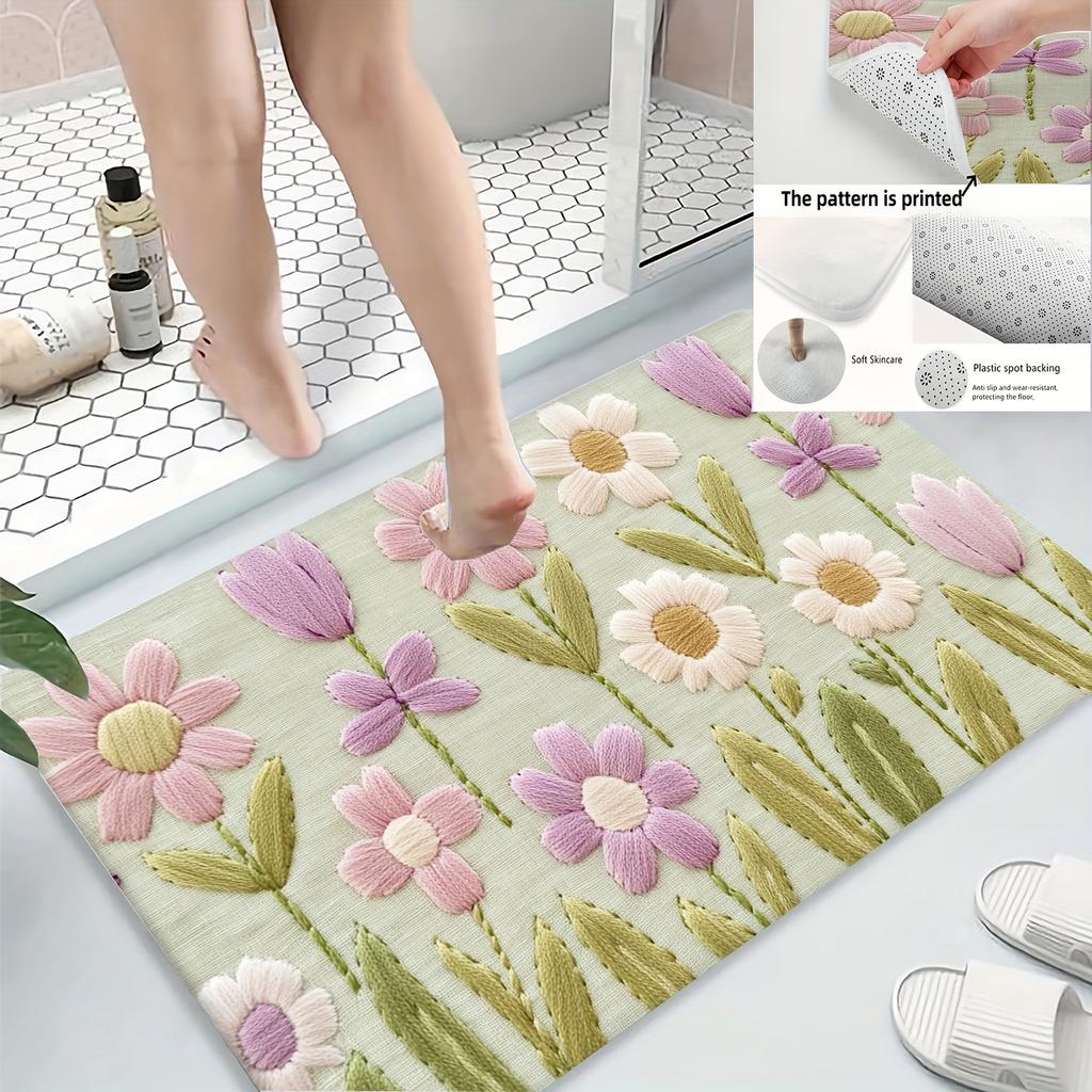 Minzgrüne Gänseblümchen-Tulpen-Badezimmermatte, Rutschfester maschinenwaschbarer Teppich, Florale Küchen-Badezimmer-Dekoration, Ideales Einweihungsgeschenk