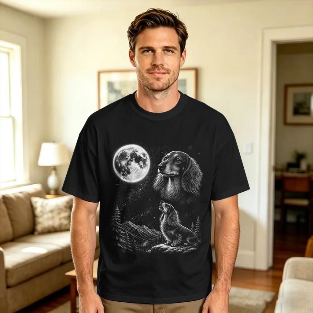 Vintage Dachshund Howling To The Moon 90s Retro Animals T Shirt Summer 100 Cotton T Shirts For Unisex Design Tshirt Short Sleeve
