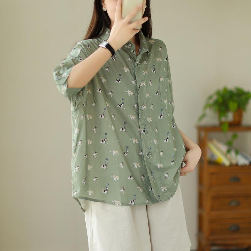 Japanese fashion puppy print short-sleeved shirt women's summer new loose and versatile niche design top