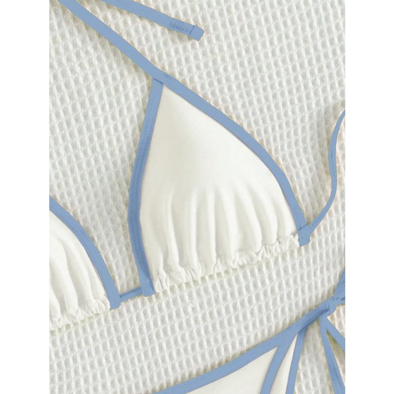Summer White and Blue Color-block Bow-tie Pure Bikini Set Suitable for Women's Beach Vacation
