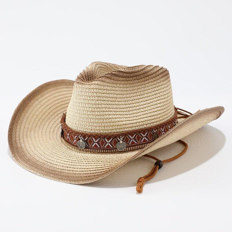 Ethnic style straw woven western cowboy hat for men and women summer Xinjiang travel big brim straw hat sunshade jazz hat