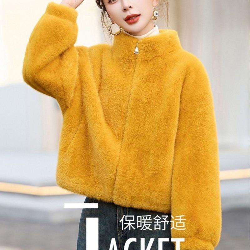 

Мех интегрированный короткий зимний новый утолщенный плащ имитация норкового пальто плюшевый воротник-стойка мех свободный XL (67.5 kg - 75 kg) жёлтый