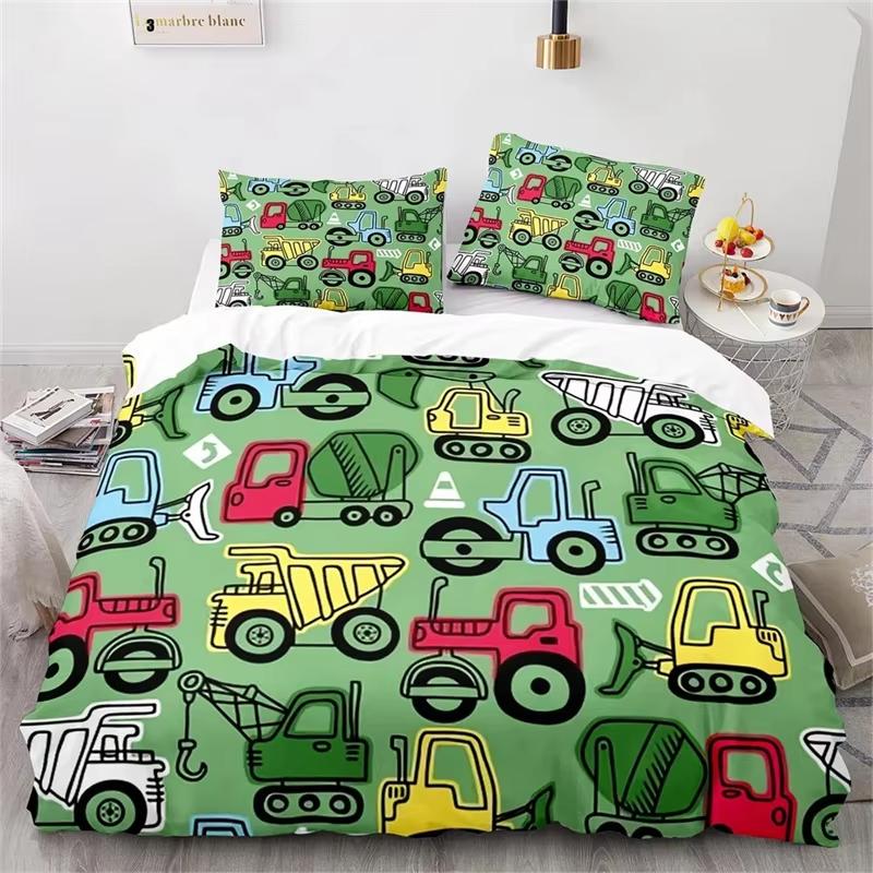 Cartoon Pattern Duvet Cover Set King Size Double Bed Full Size Engineering Truck Set Kids Boys Girls Excavator Bedding 3 Pcs