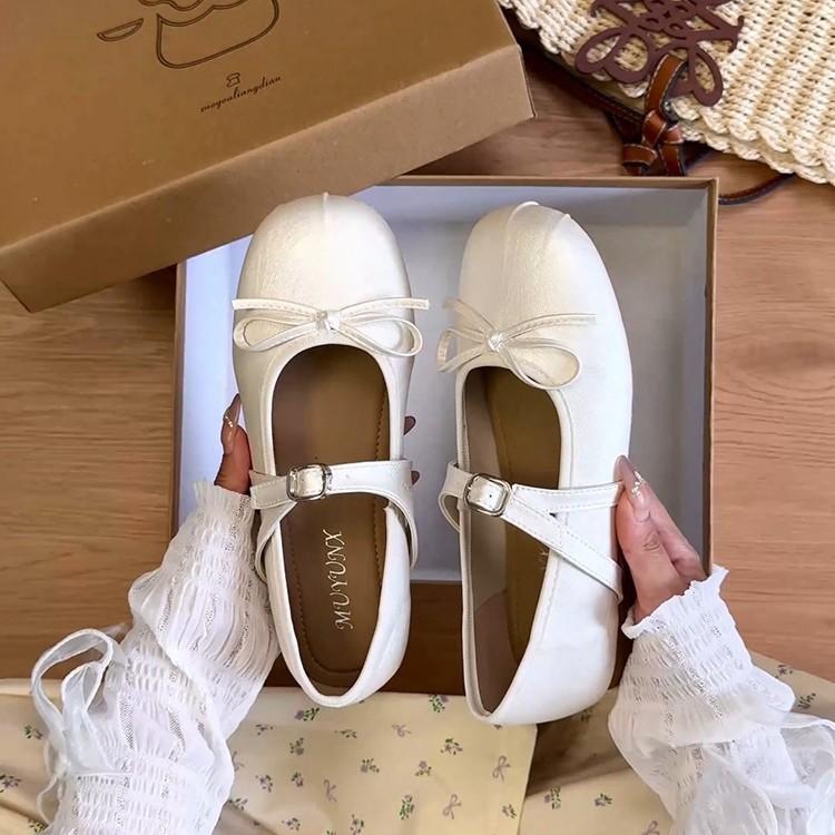 French Gentle Bow Silver Mary Jane Shoes Flat Shoes Small Leather Shoes Summer Korean Version One-word Belt Single Shoes Women's Shoes