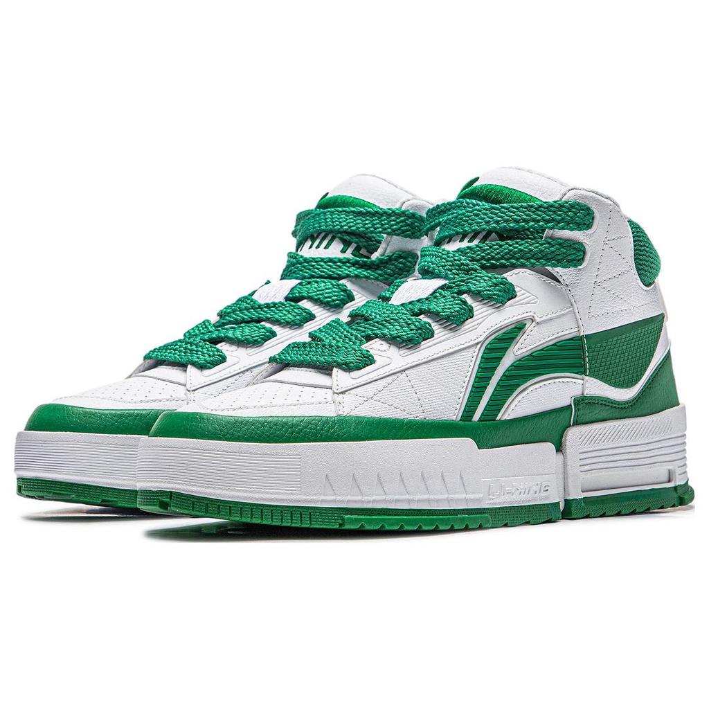Li Ning Mileage Slip Resistant Abrasion Resistant Mid Top Skateboard Shoes Men's White Green AGCT283-3