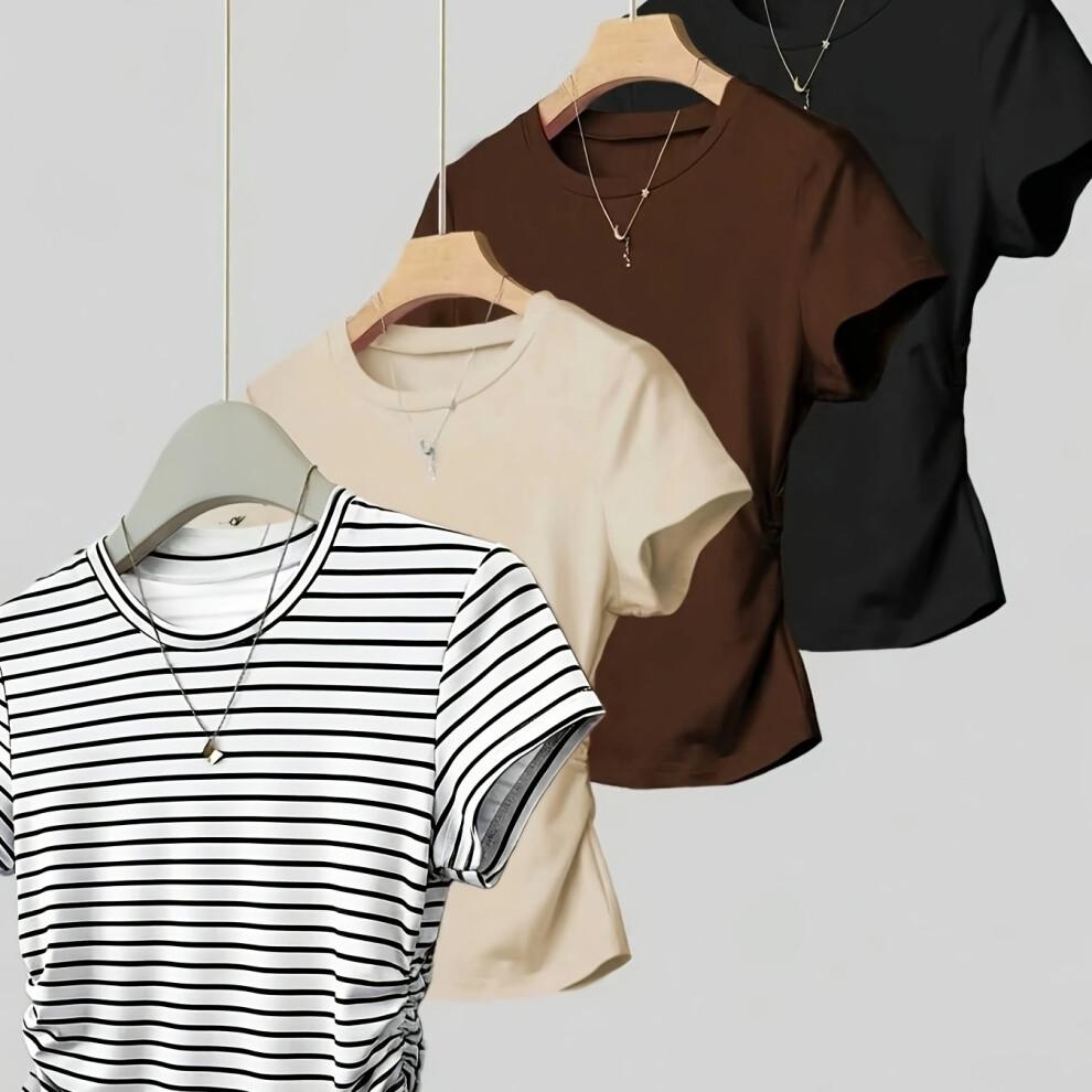 (Black+Brown+Apricot+White, 8) 4pcs Set Women'S Round Neck Striped/Solid Color Regular Shoulder Short-Sleeved T-Shirt Women'S Summer New Slim And Top