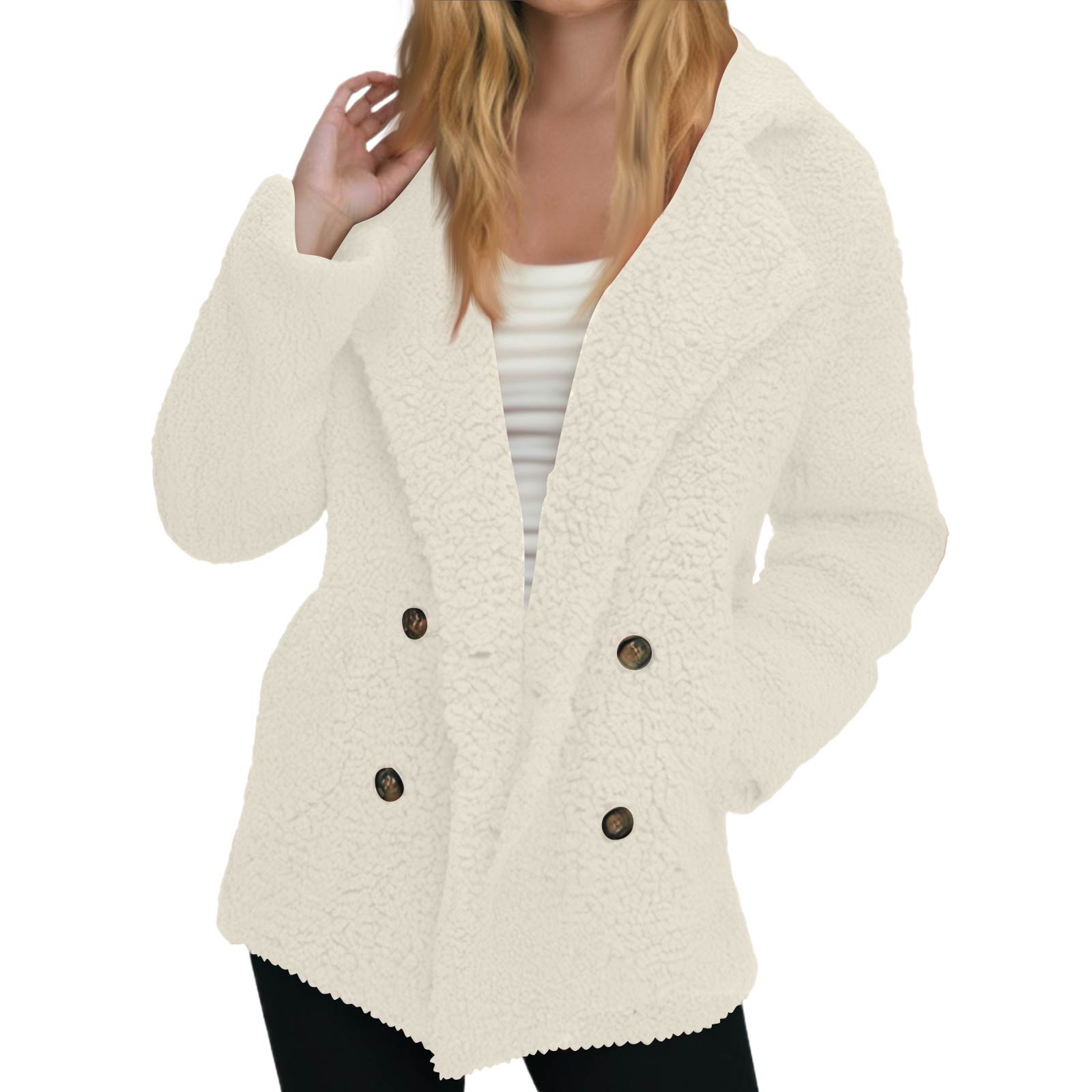 

Женское зимнее пальто с флисовой подкладкой, куртка с длинным рукавом, роговые пуговицы, плюшевое теплое пальто L бежевый